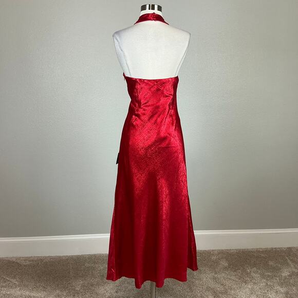 Adrianna Papell Red Metallic Satin Cocktail Dress Size 12 Sleeveless Midi Halter - Picture 2 of 13